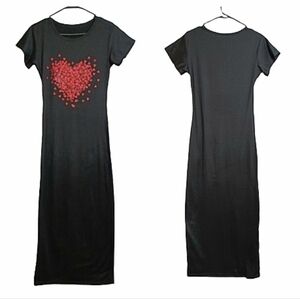 Graphic Heart Black T-shirt Body Con Maxi Dress with Red Heart Design